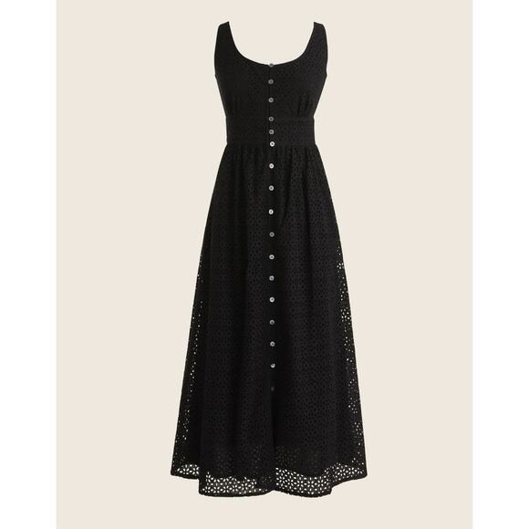 J. Crew Dresses & Skirts - J. Crew Button Front Eyelet Midi Dress Womens 16 Black Cotton Summer Smocked